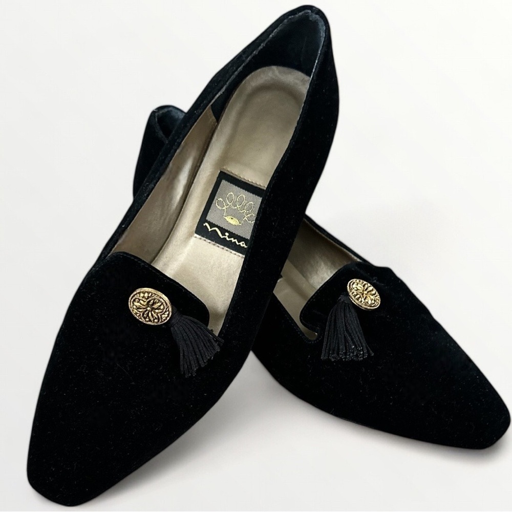 Vintage 90s Nina Tasseled Loafers Sole Composition Leather Black Slip On Size 7N